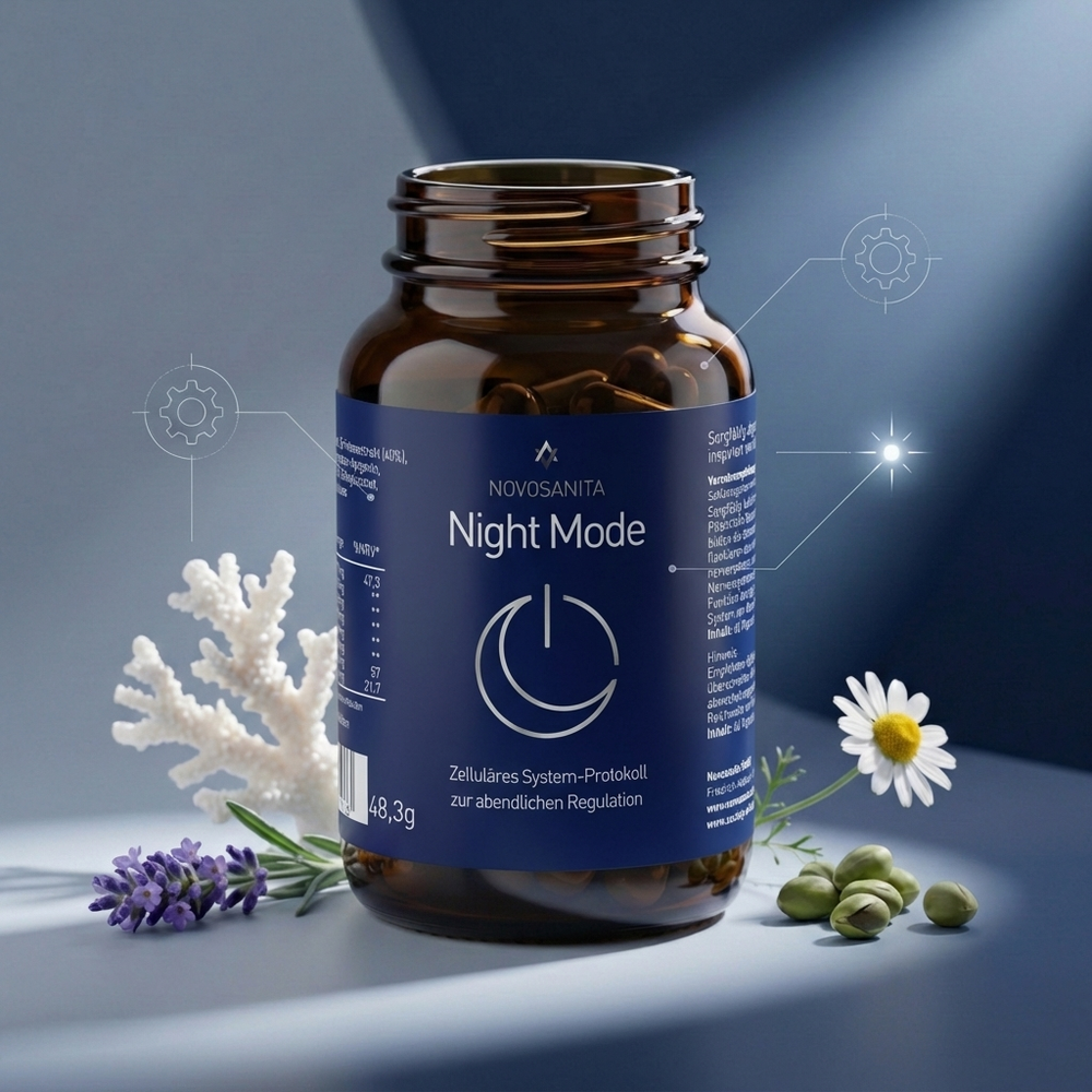 Dose Night Mode mit den Inhaltsstoffen Kamille, Koralle (für Magnesium), Lavendelblüte und Griffoniasamen