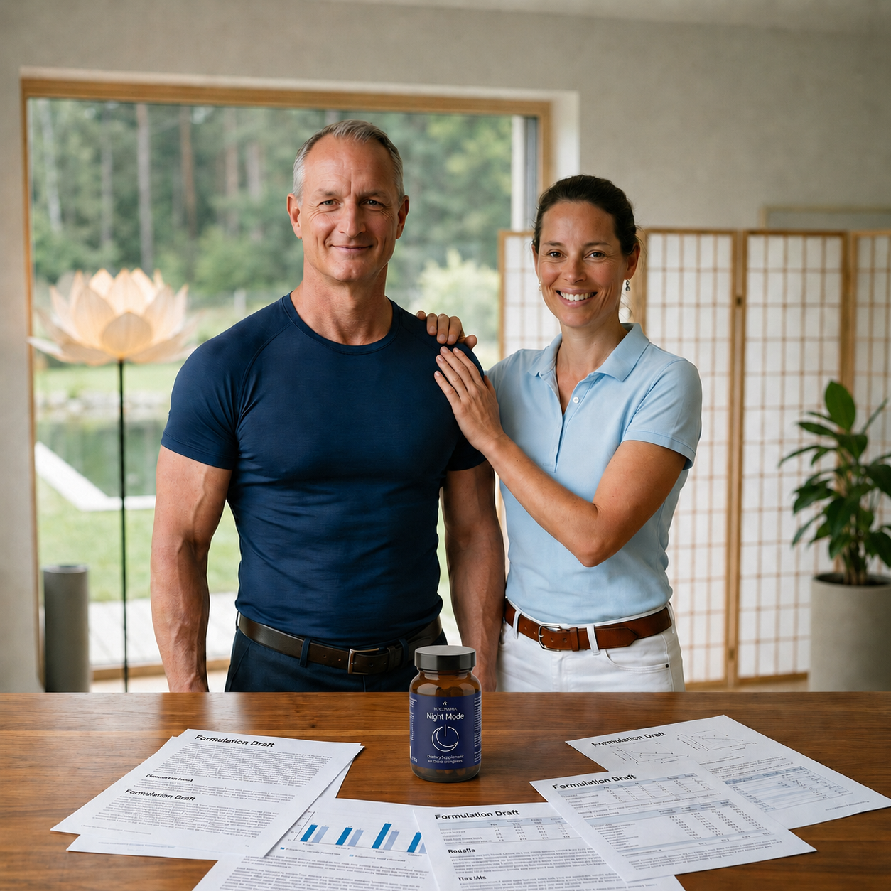 Die Novosanita-Gründer Carmen und Stefan am Entwicklungstisch mit wissenschaftlichen Rezeptur-Entwürfen und dem Night Mode Supplement.