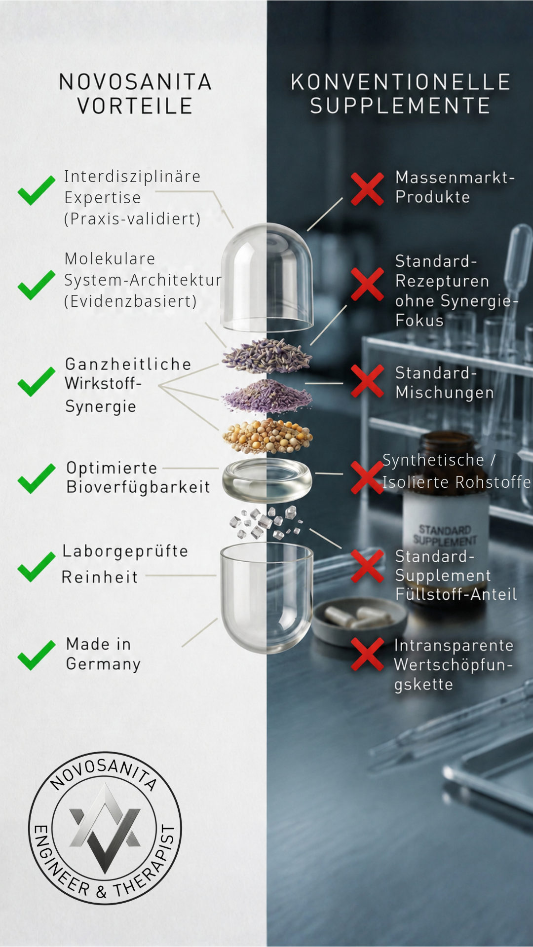 Infografik zum Vergleich der Vorteile von Novosanita gegenüber herkömmlichen Nahrungsergänzungsmitteln.