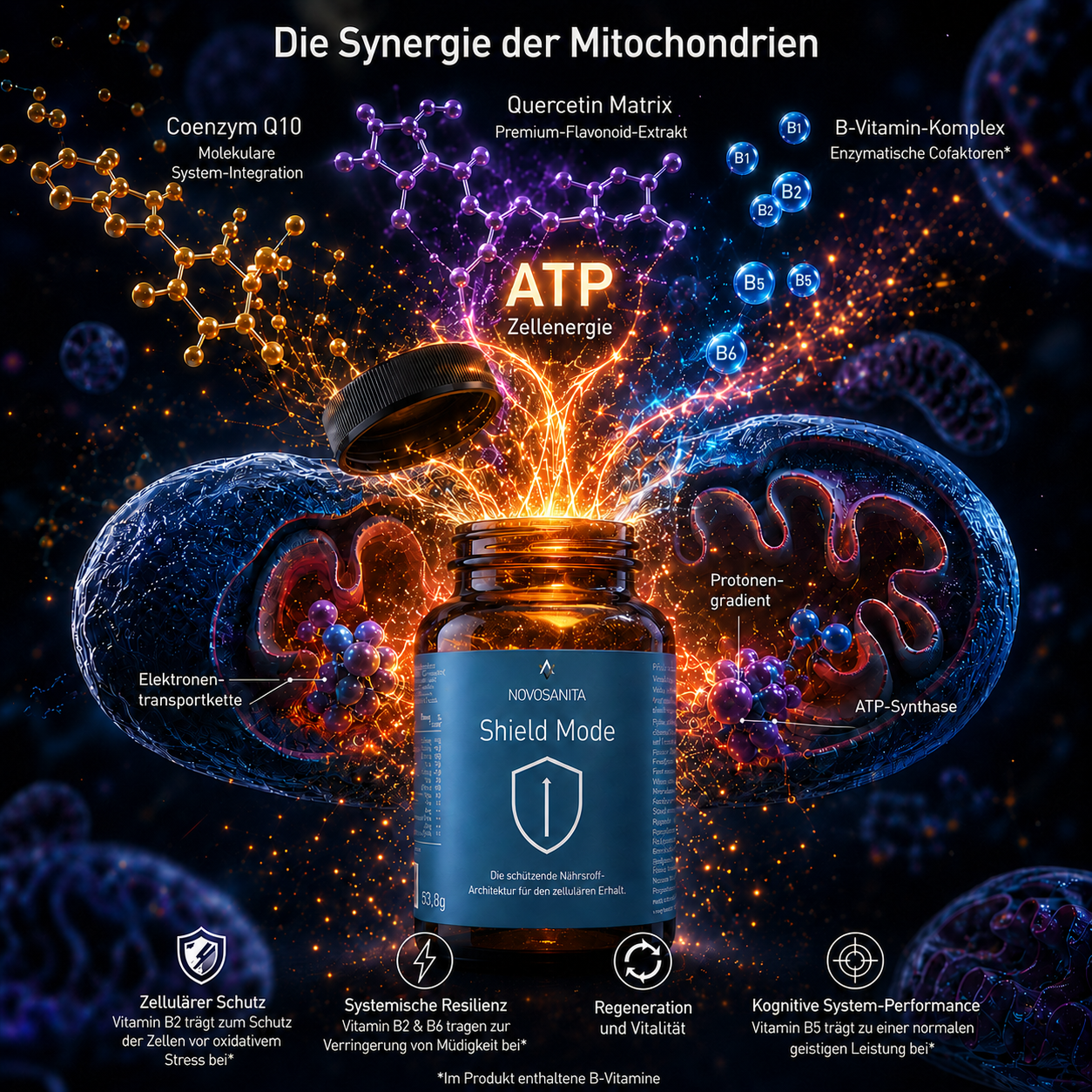 Shield Mode Dose mit Schriftzug "Die Synergie der Mitochondrien" vor einem Symbolischen Mitochondrium und den Inhaltsstoffen.