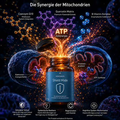 Shield Mode Dose mit Schriftzug "Die Synergie der Mitochondrien" vor einem Symbolischen Mitochondrium und den Inhaltsstoffen.