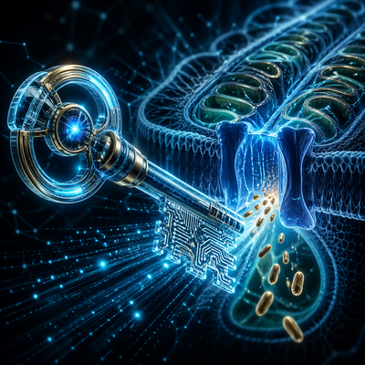 Technische Blueprint-Grafik eines leuchtenden Cyber-Schlüssels im HUD-Design. Symbolisiert Acetyl-L-Carnitin (ALCAR) als präzisen molekularen Schlüssel und Transport-Matrix für den zellulären Energiestoffwechsel im Active Mode.