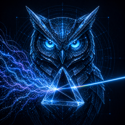 Technische Blueprint-Grafik einer kybernetischen Eule mit Prisma, die gestreute Datenströme zu einem scharfen Laser bündelt. Symbolisiert kristallklaren Fokus und kognitive Architektur durch CDP-Cholin (Cognizin) im Active Mode.
