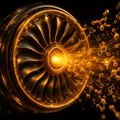 Technische Blueprint-Grafik einer leuchtenden Jet-Turbine im HUD-Design. Symbolisiert Coenzym Q10 (Ubiquinon) als essenziellen Elektronen-Carrier und molekularen Antrieb für die zelluläre Energieproduktion im Active Mode.