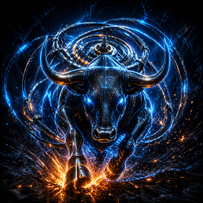 Technische Blueprint-Grafik, die einen stürmenden Stier mit einem Gyroskop kombiniert. Symbolisiert als Load Balancer die neuromuskuläre Stabilität und den muskulären Energiefluss durch Magnesium-Taurat im Active Mode.