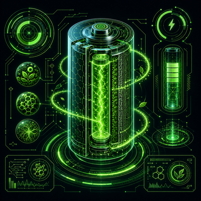 Technische Blueprint-Grafik einer leuchtenden Energiezelle im HUD-Design, die Coenzym Q10 als Stabilisator des mitochondrialen Membranpotenzials darstellt