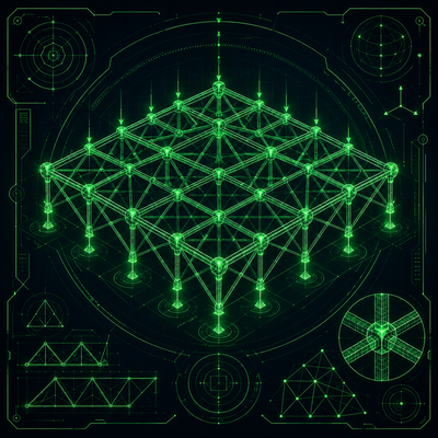 Technische Blueprint-Grafik eines dreidimensionalen Fachwerk-Gittermodells im HUD-Design zur Darstellung von Silizium und Bor als strukturelle Gewebs-Matrix