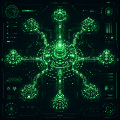 Technische Blueprint-Grafik einer schaltungsartigen Matrix im HUD-Design, die den Spurenelemente-Mix als katalytisches Netzwerk veranschaulicht
