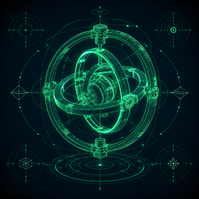 Technische Blueprint-Grafik eines Gyroskops mit ineinandergreifenden Ringen im HUD-Design, das die Balance der Vitamine A, D3 und K2 darstellt