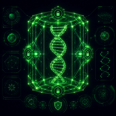 Technische Blueprint-Grafik einer schützenden Kuppel über einer DNA-Doppelhelix im HUD-Design, die Zink und Selen als Wächter der zellulären Integrität symbolisiert